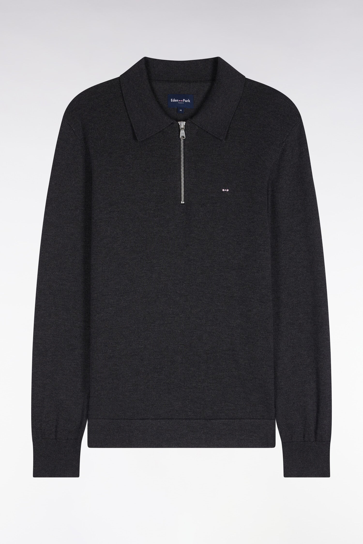 Pull à col polo zippé en coton et viscose gris foncé coupe droite