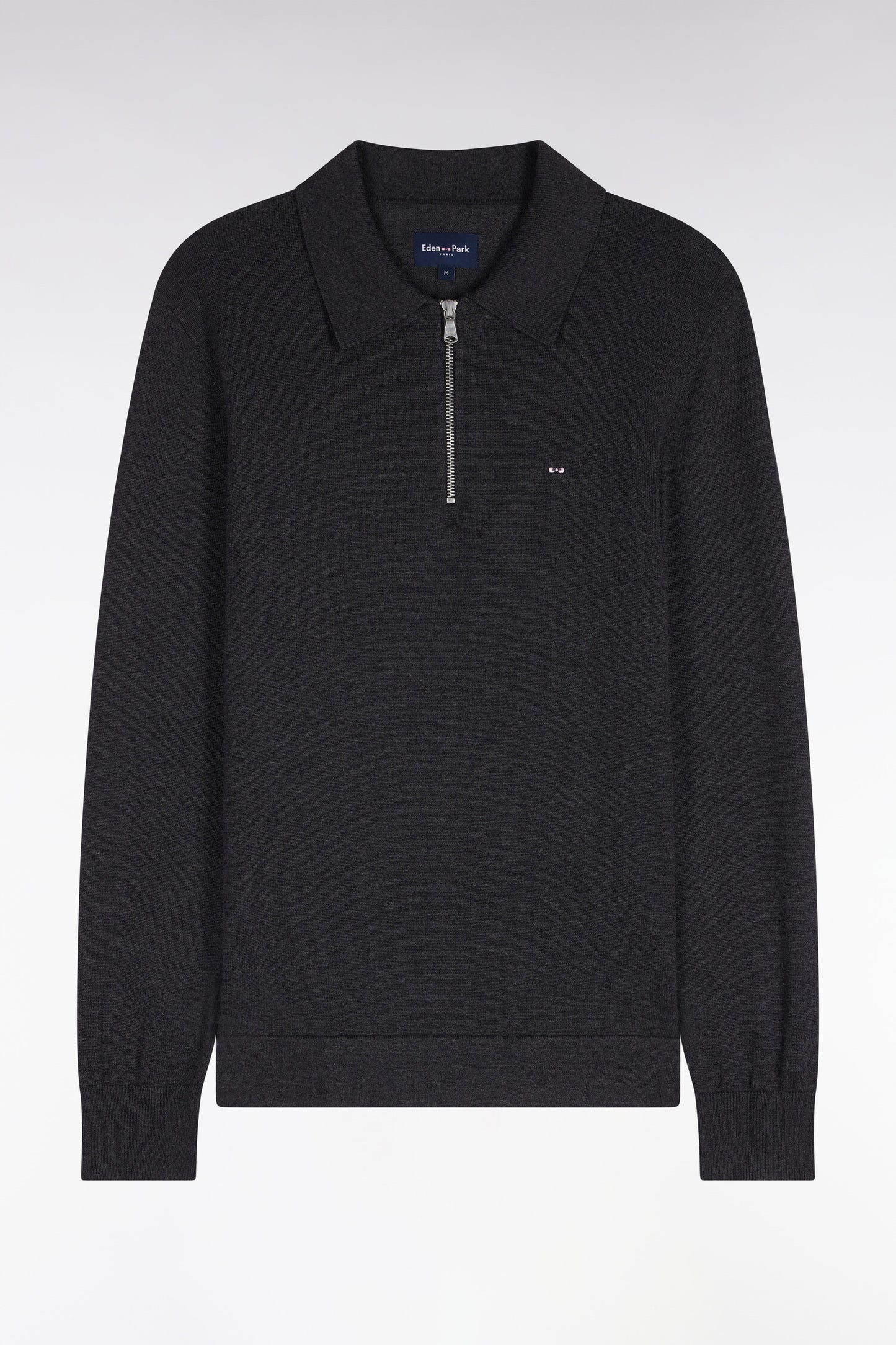 Pull à col polo zippé en coton et viscose gris foncé coupe droite