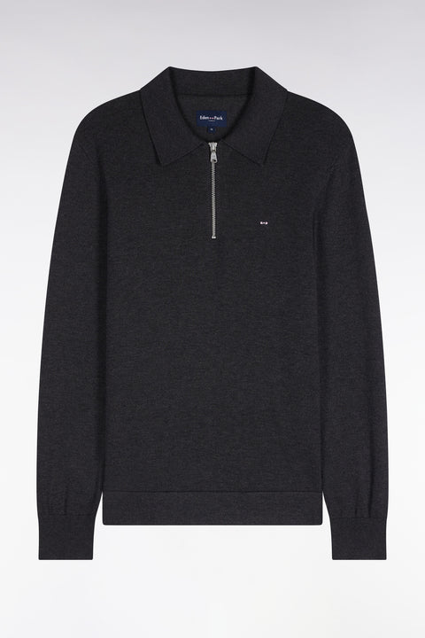 Pull à col polo zippé en coton et viscose gris foncé coupe droite - Image 2