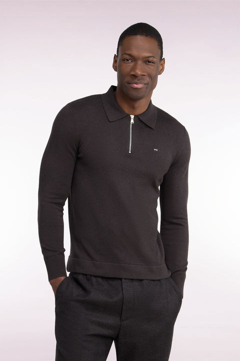 Pull à col polo zippé en coton et viscose marron coupe droite - Image 3