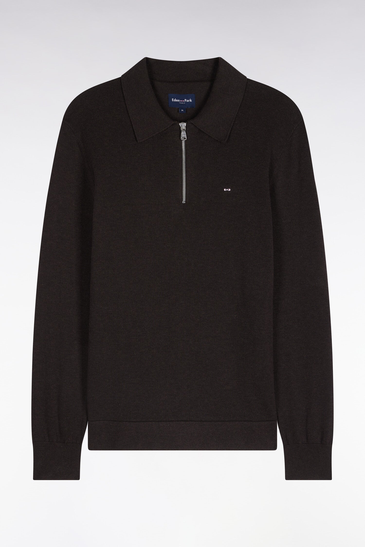 Pull à col polo zippé en coton et viscose marron coupe droite