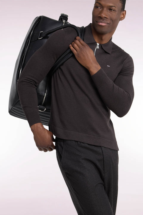Pull à col polo zippé en coton et viscose marron coupe droite - Image 1