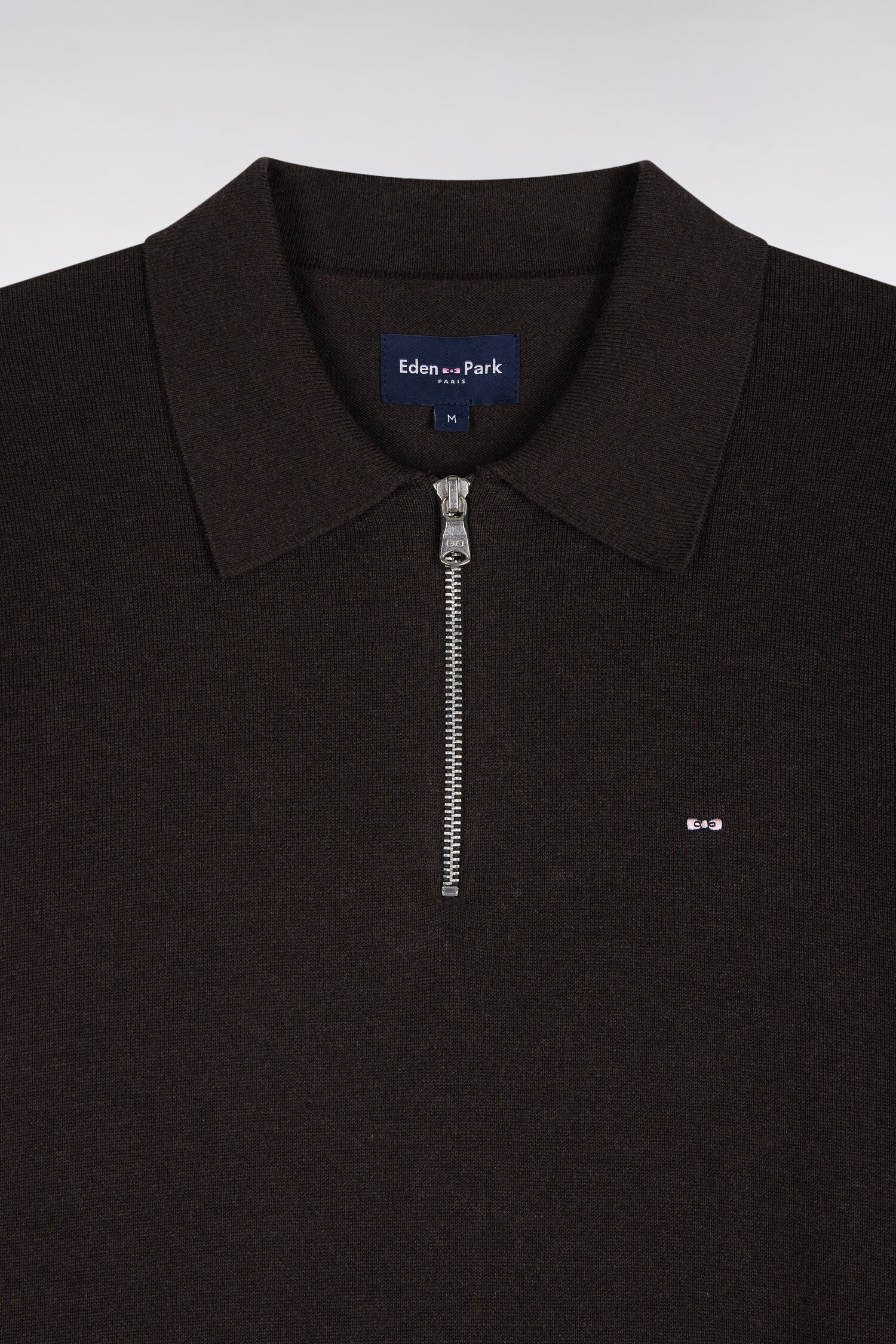 Pull à col polo zippé en coton et viscose marron coupe droite