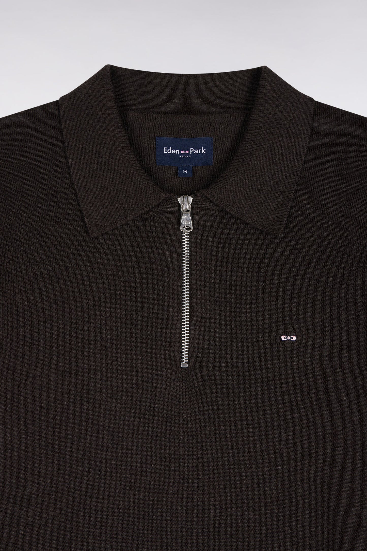 Pull à col polo zippé en coton et viscose marron coupe droite