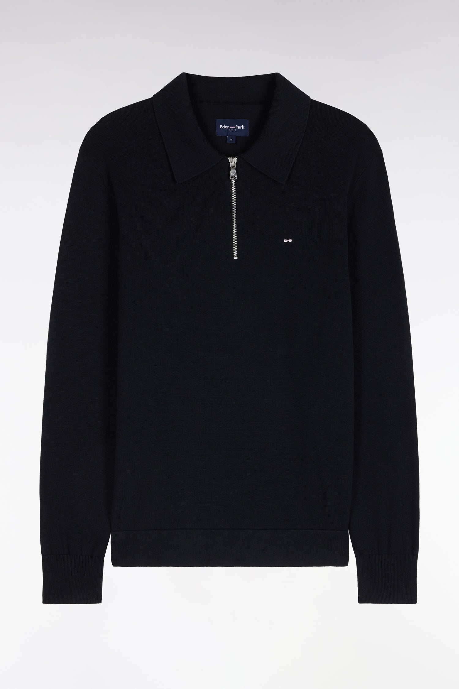Pull à col polo zippé en coton et viscose noir coupe droite