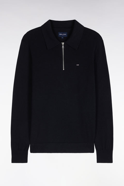 Pull à col polo zippé en coton et viscose noir coupe droite - Image 2