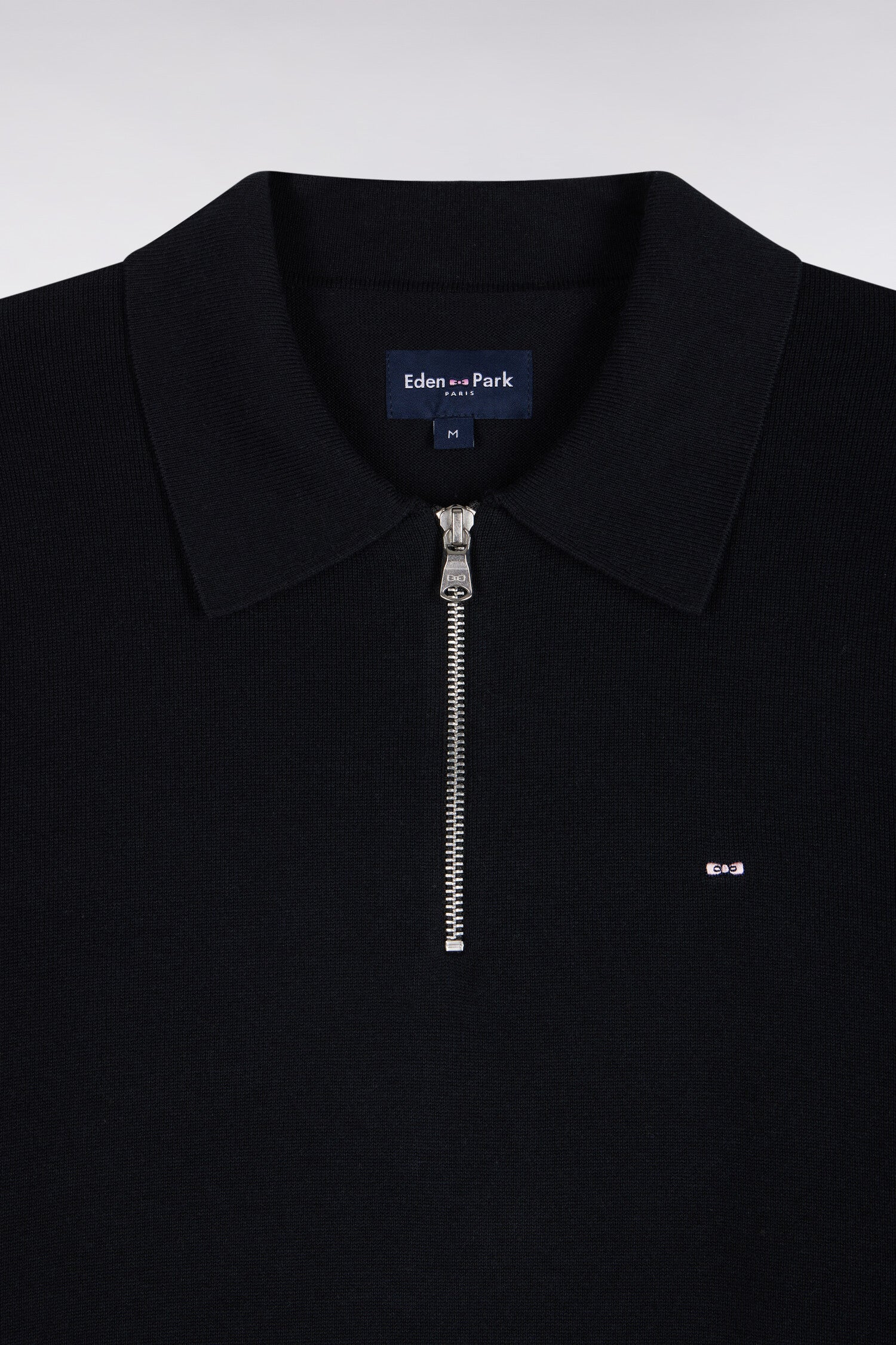 Pull à col polo zippé en coton et viscose noir coupe droite