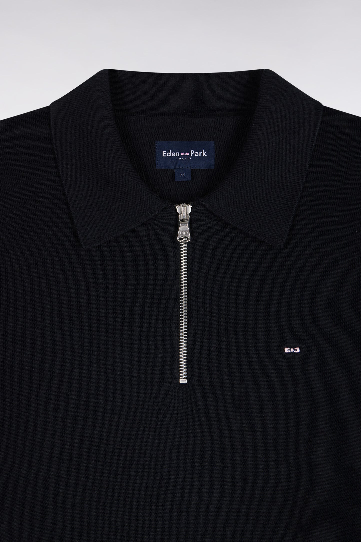 Pull à col polo zippé en coton et viscose noir coupe droite