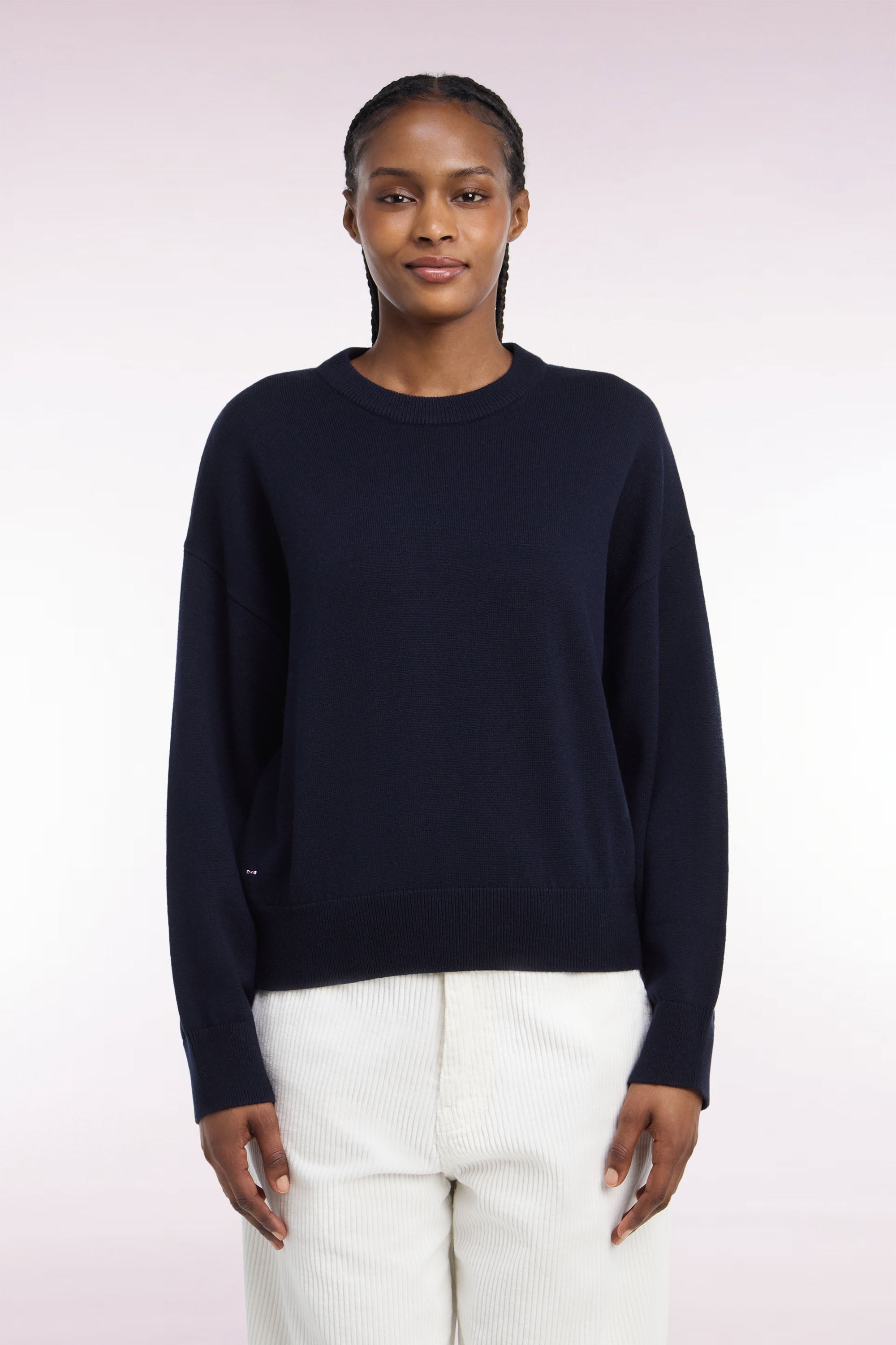 Pull col rond en laine et coton marine coupe oversized
