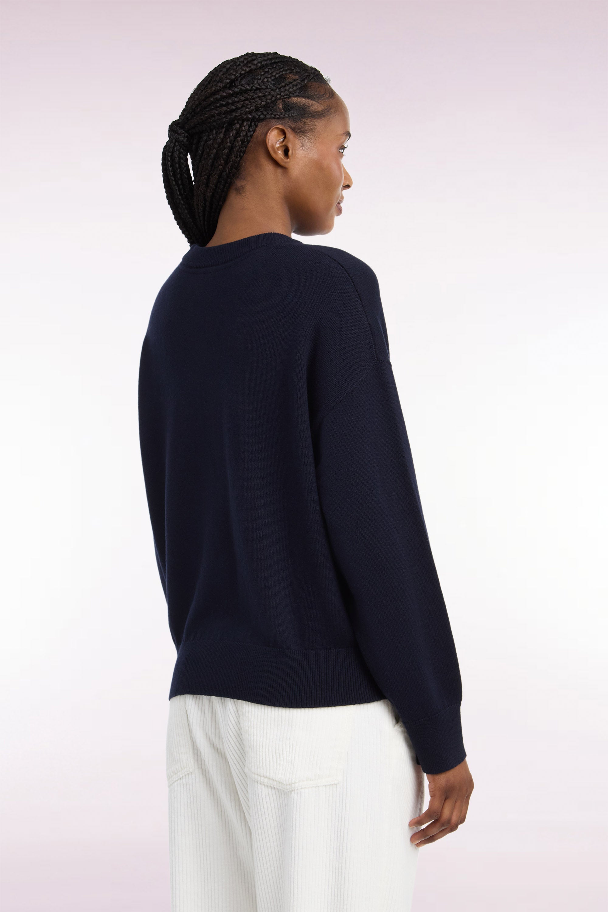 Pull col rond en laine et coton marine coupe oversized