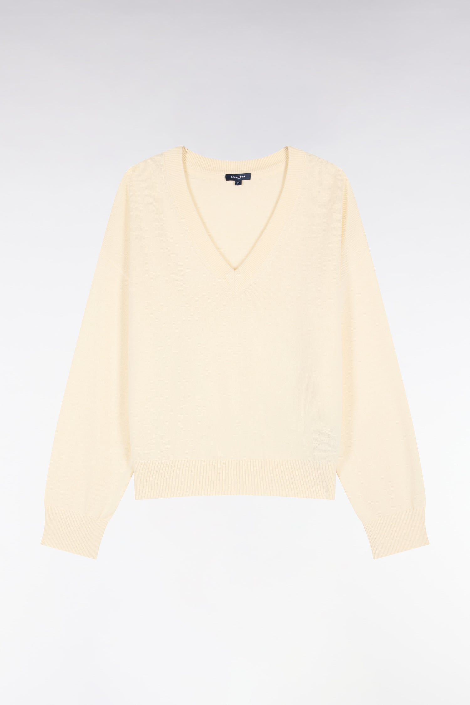 Pull col V en laine et coton écru coupe oversized