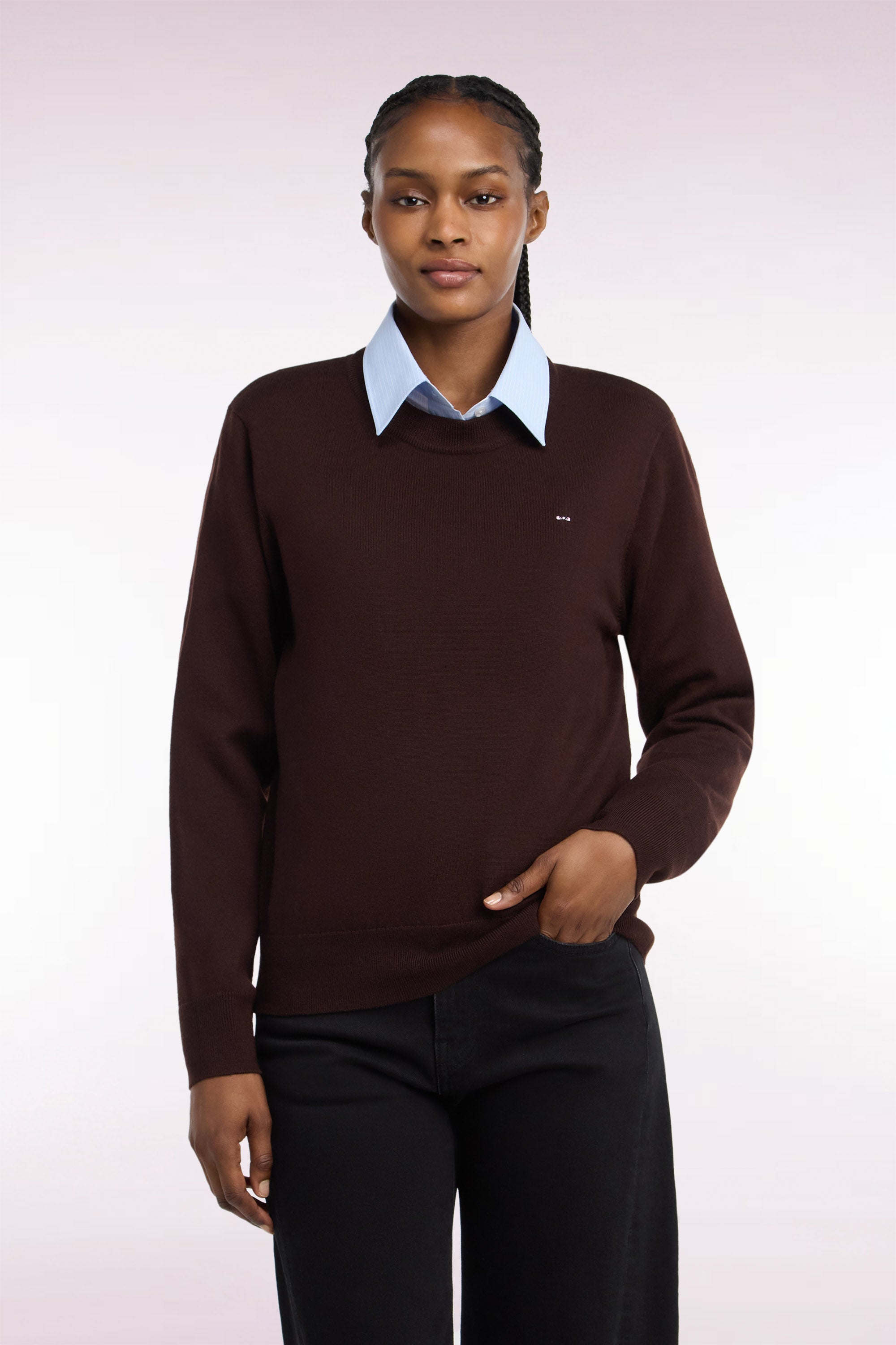 Pull col rond en laine marron coupe droite