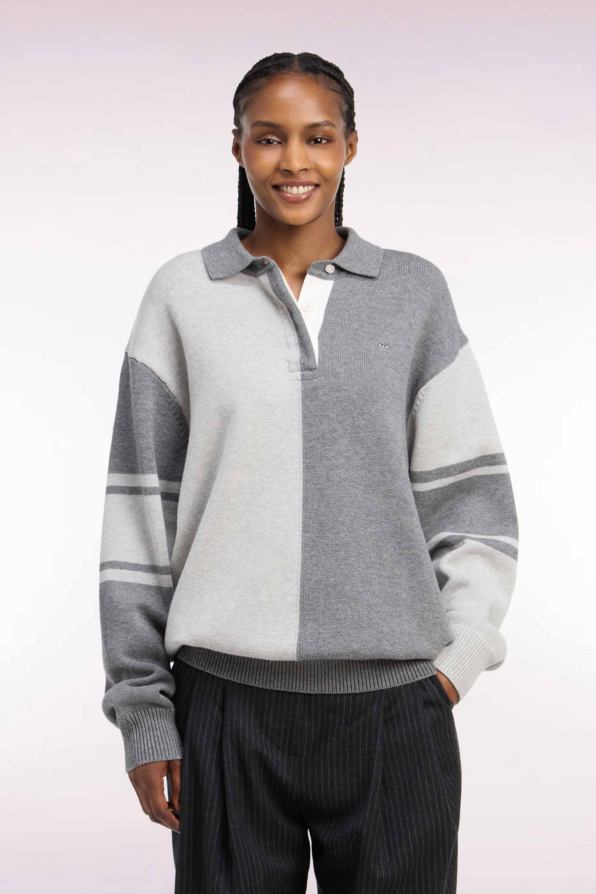 Pull col maillot en laine et coton gris coupe oversized