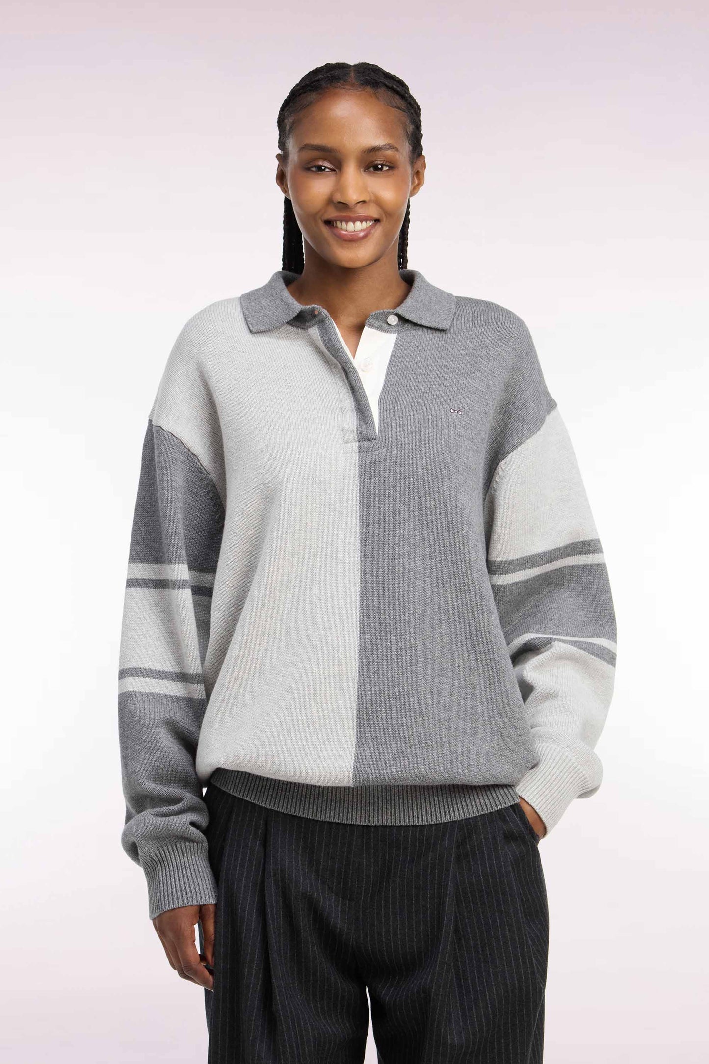 Pull col maillot en laine et coton gris coupe oversized