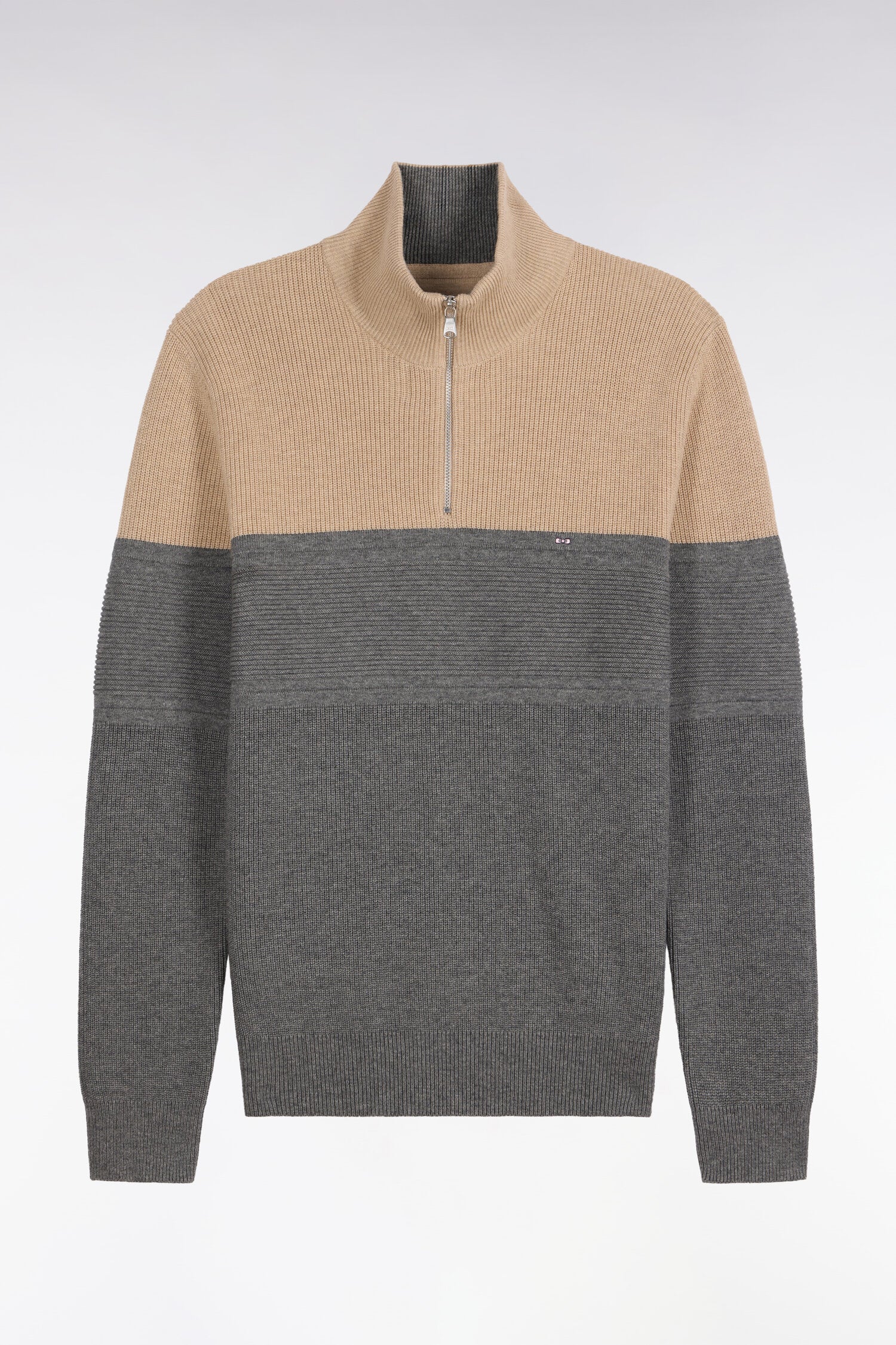 Pullover mit Troyerkragen aus Wolle und coton zweifarbig Beige und Grau