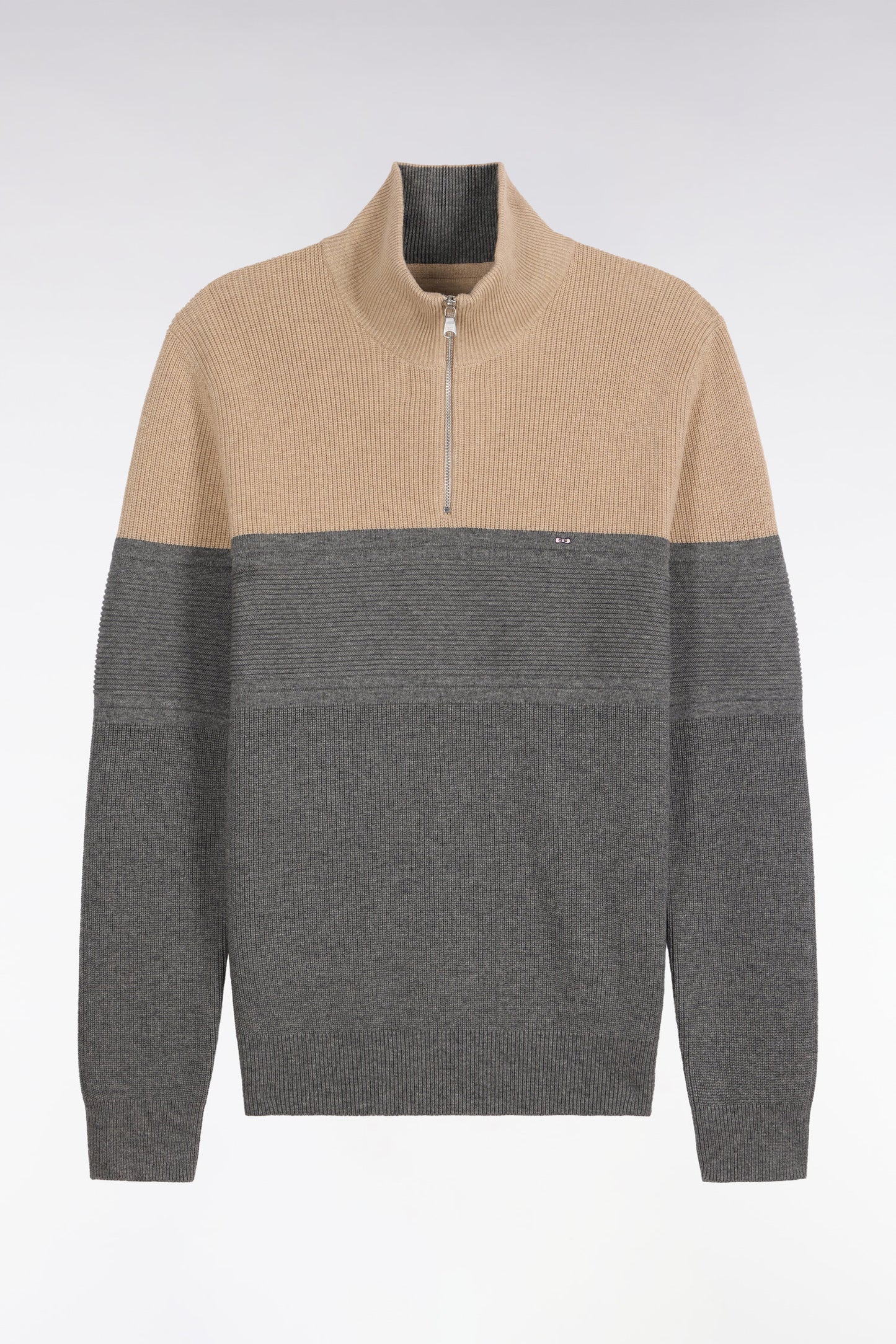 Pull à col camionneur en laine et coton bicolore beige et gris