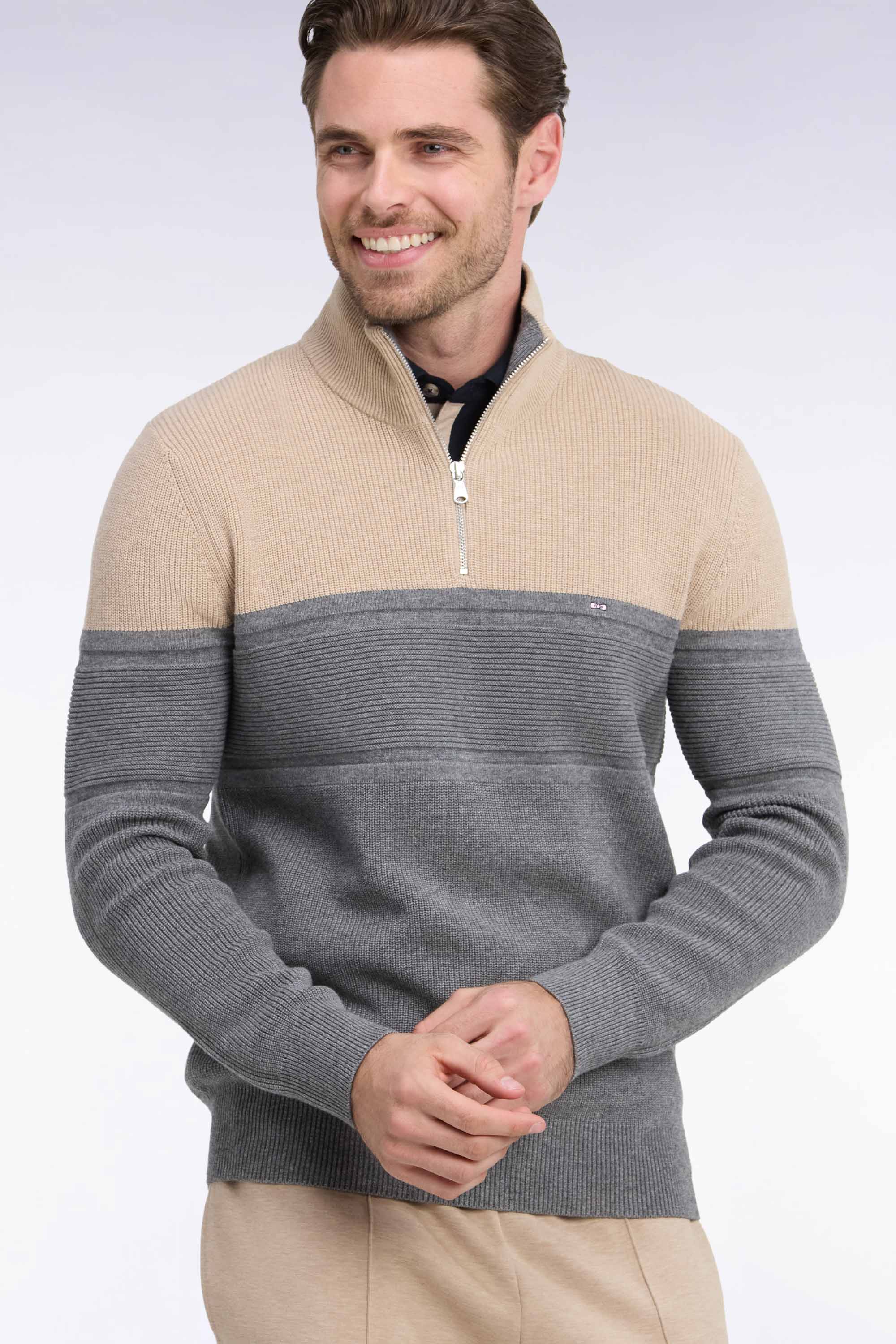 Pullover mit Troyerkragen aus Wolle und coton zweifarbig Beige und Grau