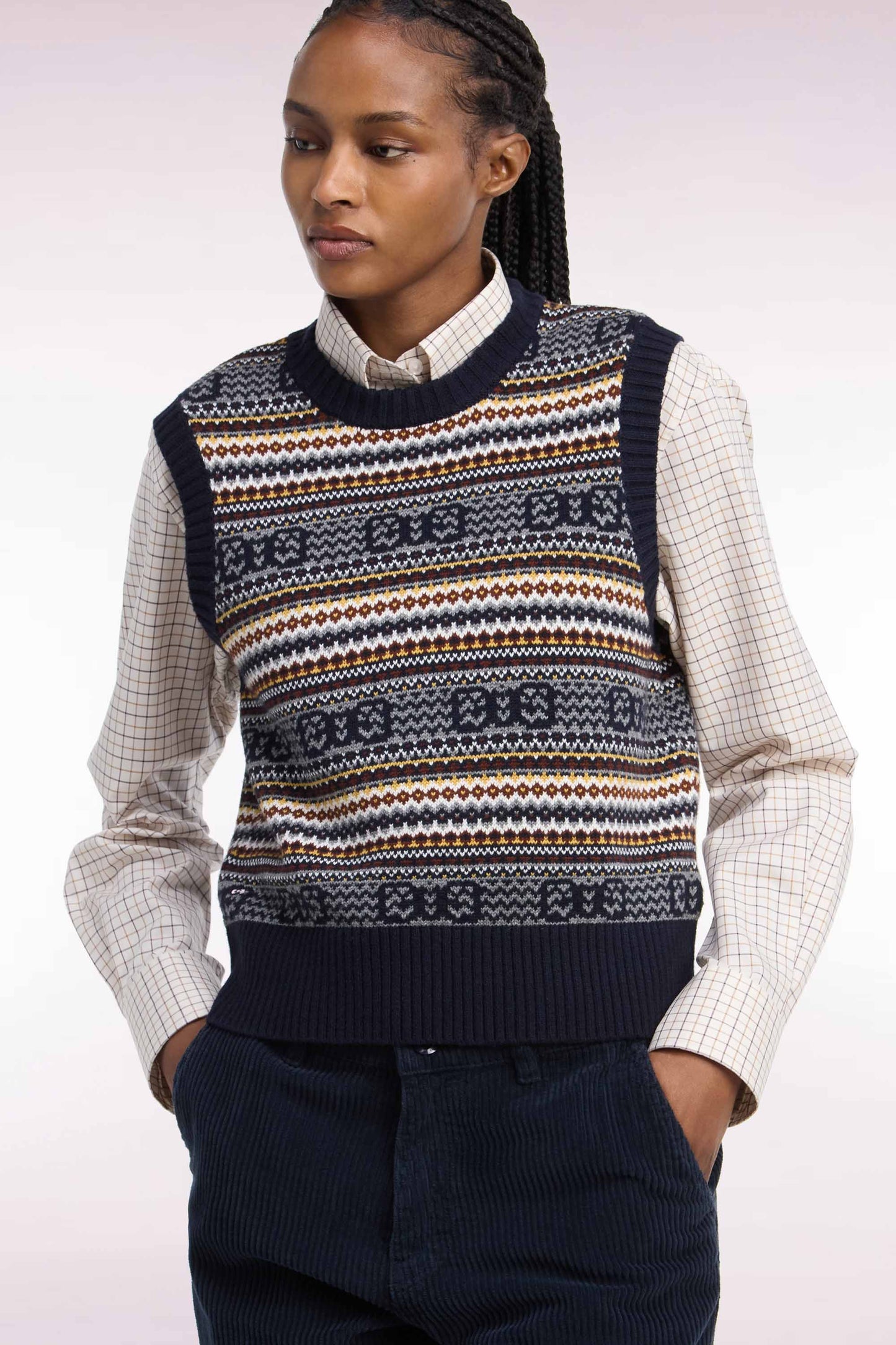 Pull sans manches en laine et coton marine