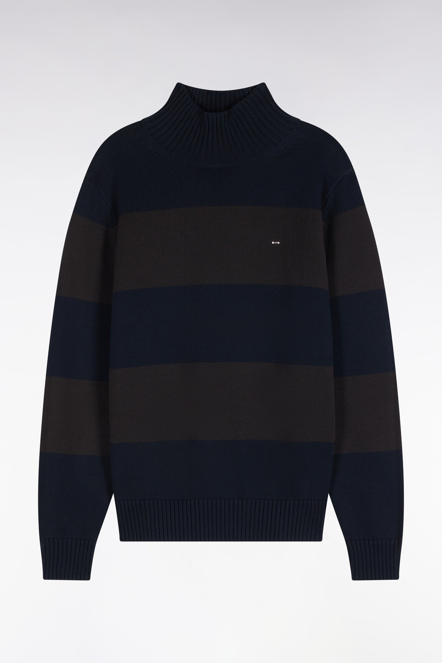 Pull col cheminée en coton rayé marron et marine coupe droite