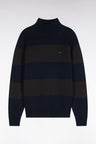 Pull col cheminée en coton rayé marron et marine coupe droite
