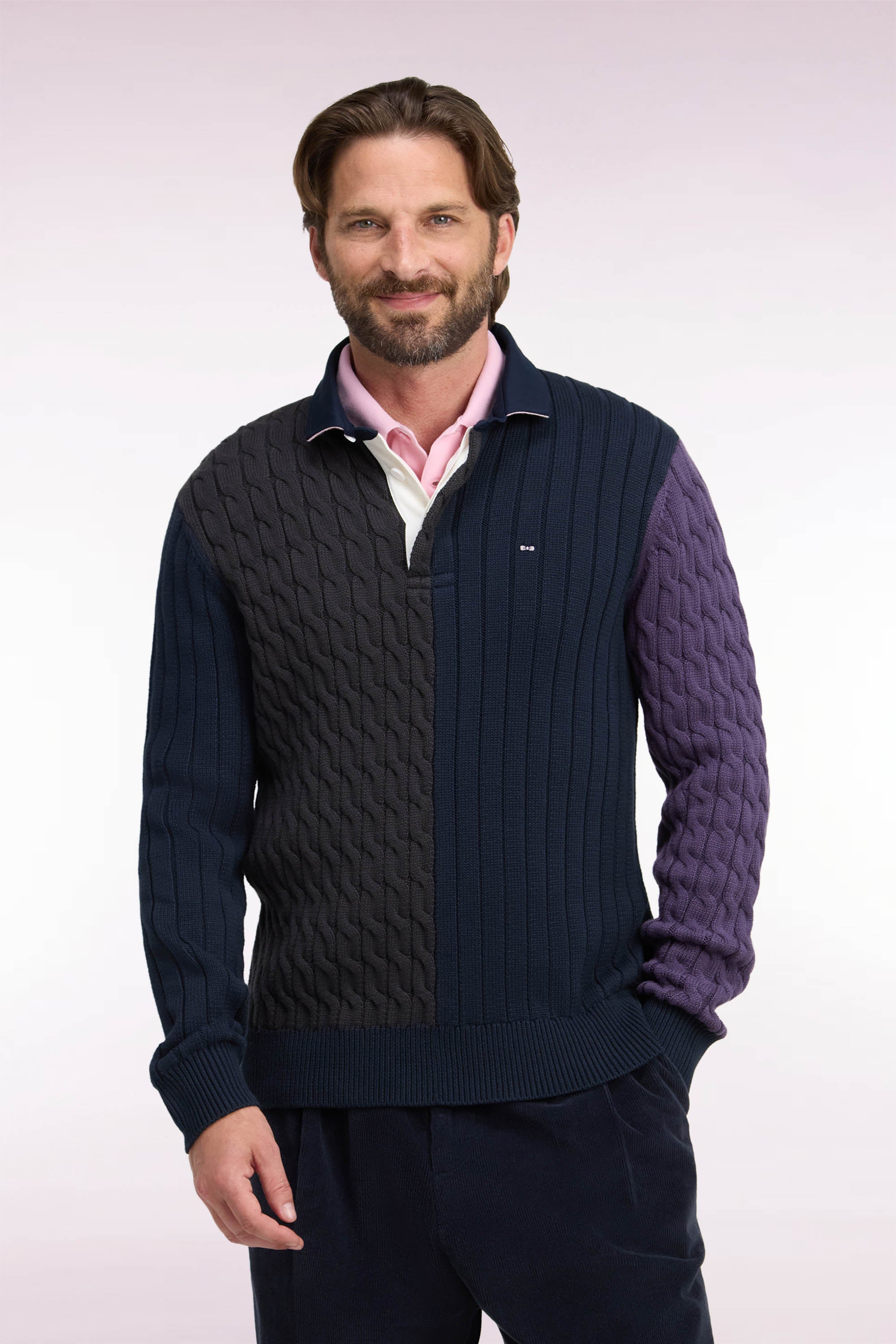 Pull à torsades en coton tricolore coupe droite