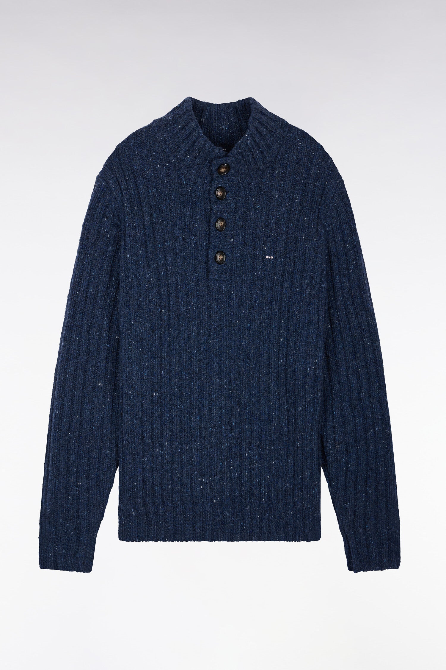 Buttoned high-neck sweater in heather blue ribbed chunky knit Buttoned high-neck sweater in heather blue ribbed chunky knit