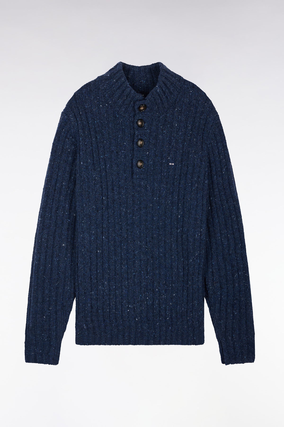Buttoned high-neck sweater in heather blue ribbed chunky knit