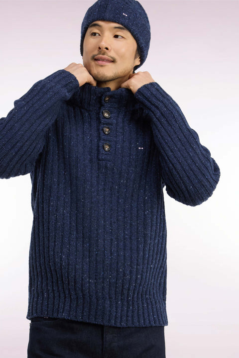 Buttoned high-neck sweater in heather blue ribbed chunky knit - Image 1