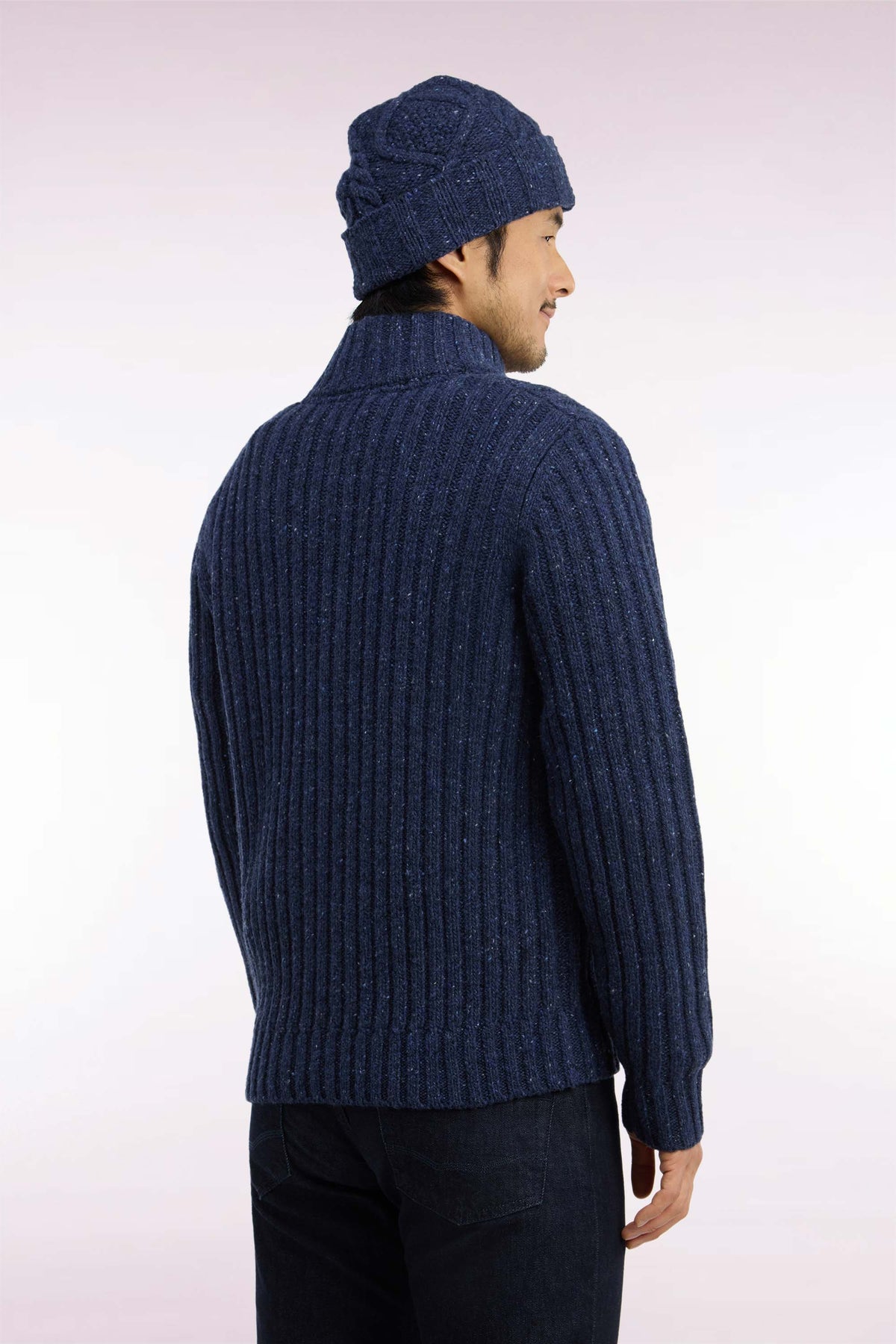 Buttoned high-neck sweater in heather blue ribbed chunky knit