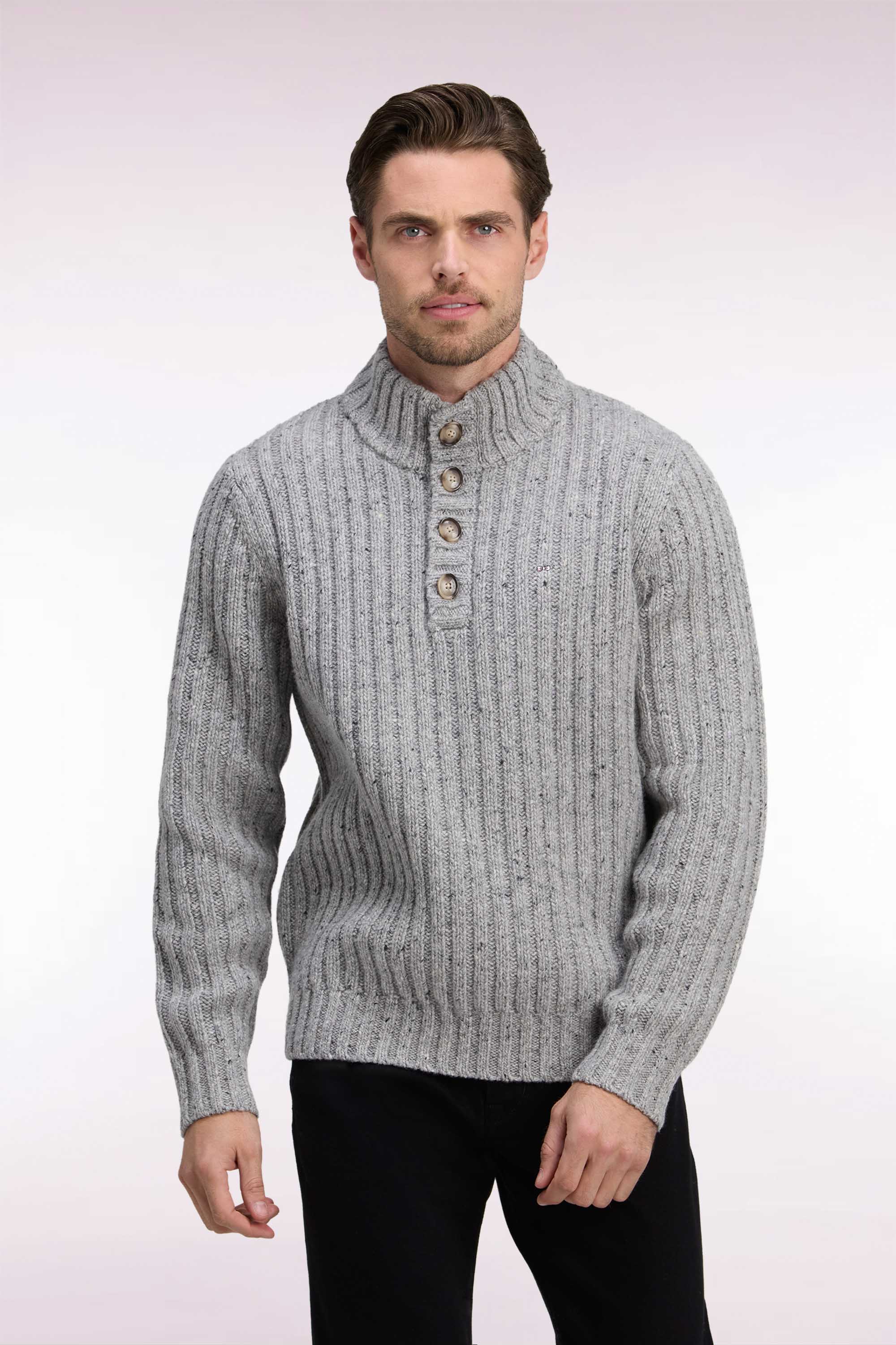 Heather gray thick ribbed knit buttoned high-neck sweater – Eden Park