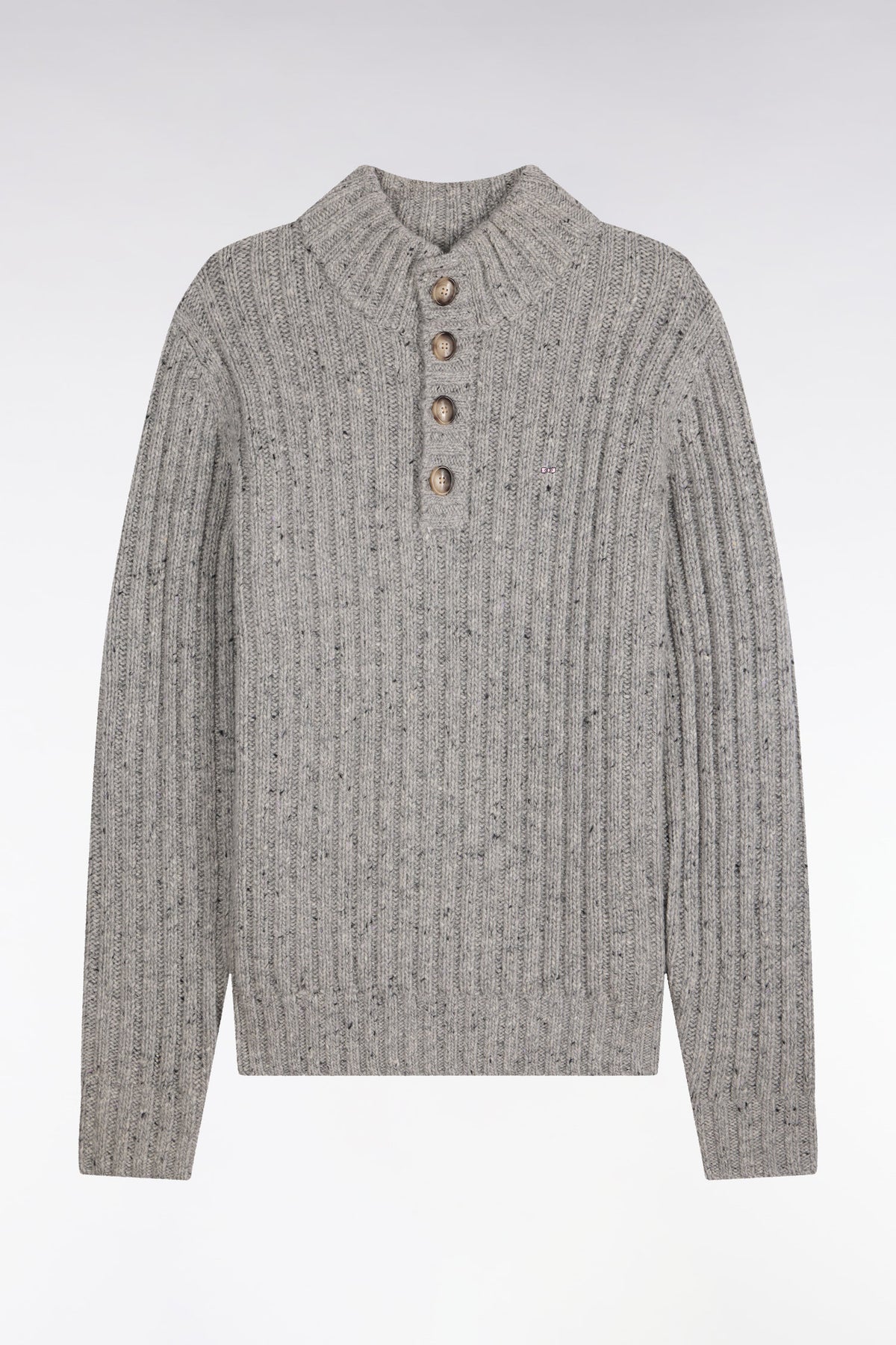 Heather gray thick ribbed knit buttoned high-neck sweater