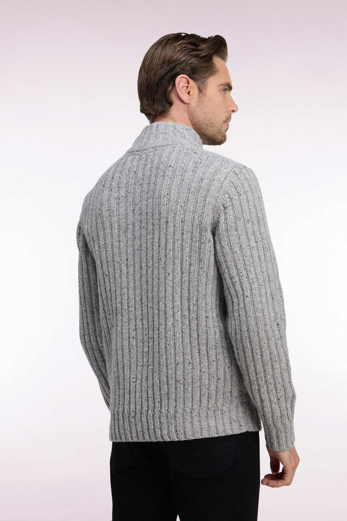 Heather gray thick ribbed knit buttoned high-neck sweater