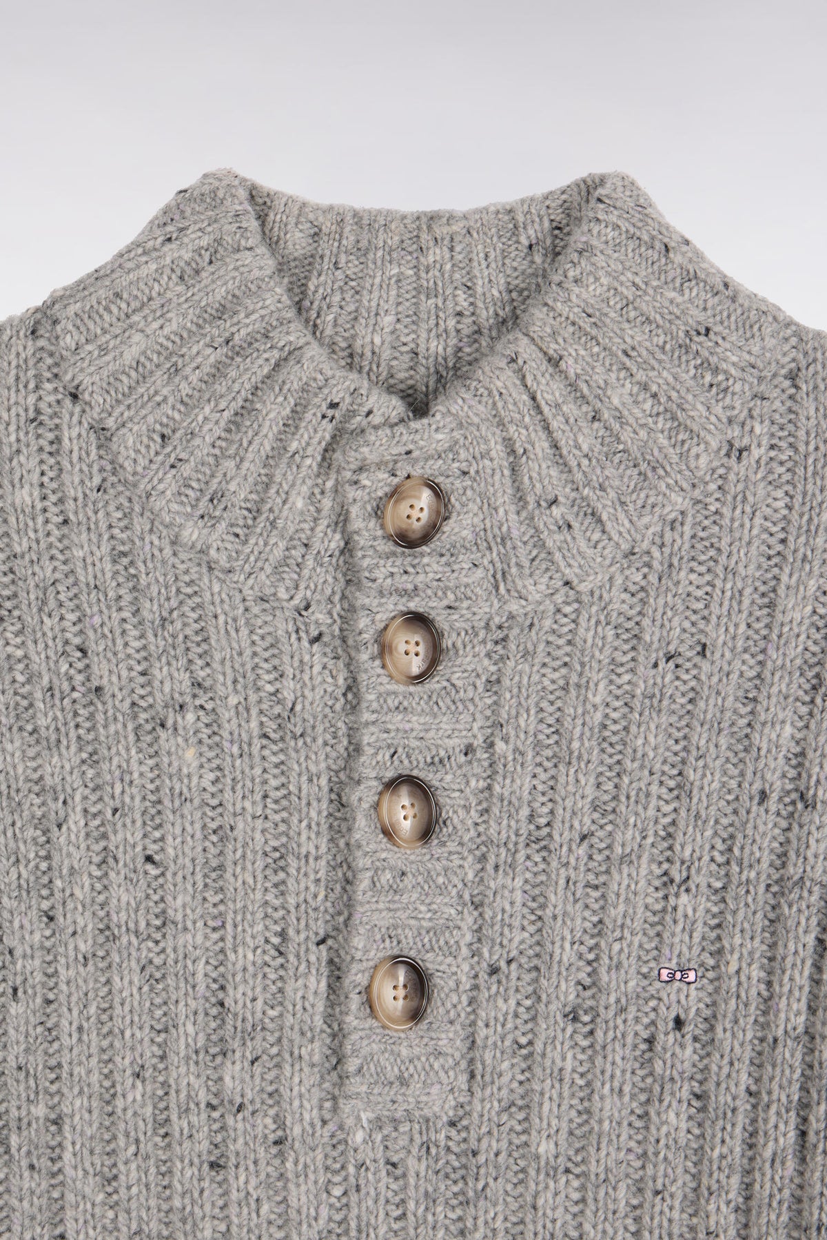 Heather gray thick ribbed knit buttoned high-neck sweater
