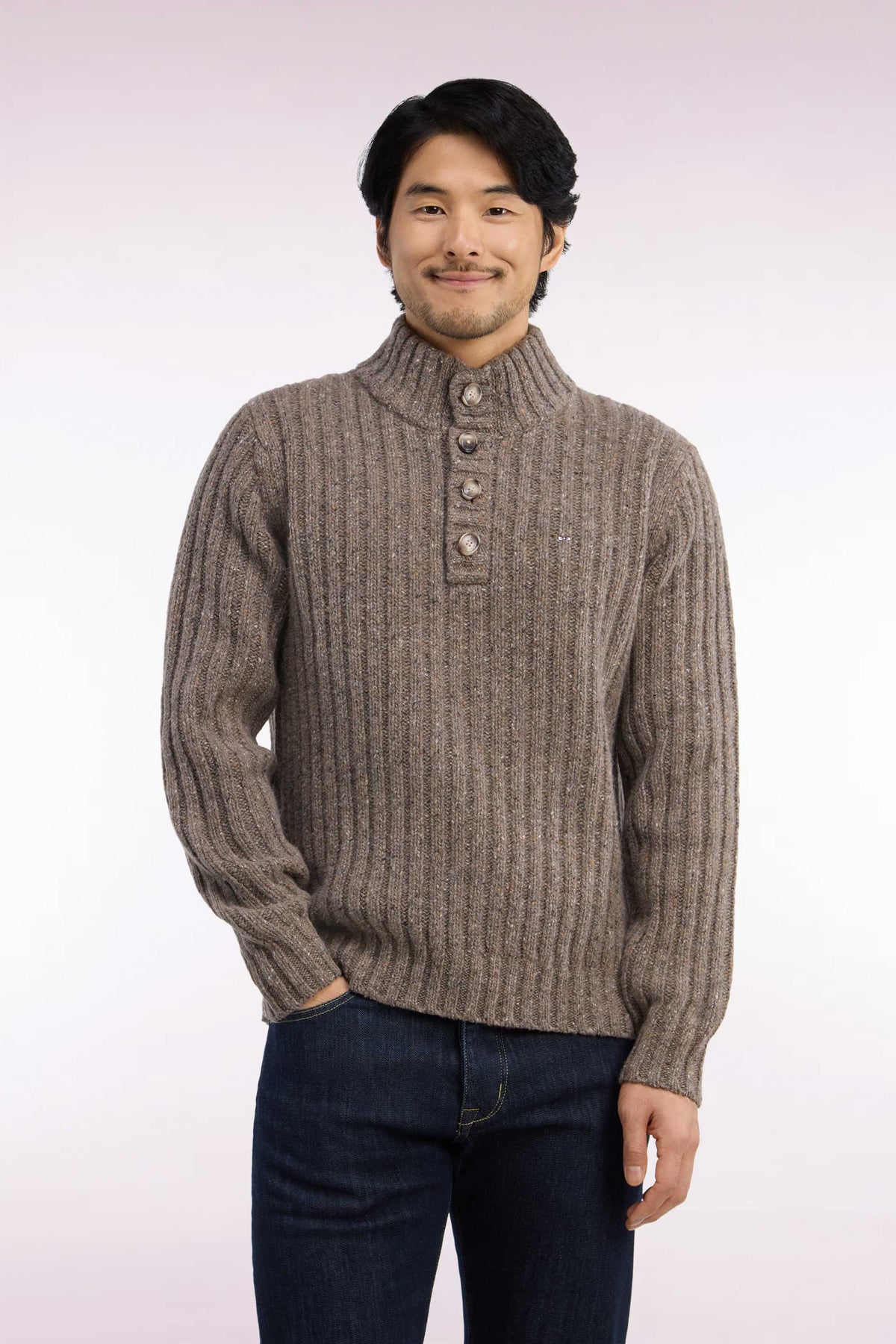 Khaki heather ribbed thick knit buttoned high-neck sweater