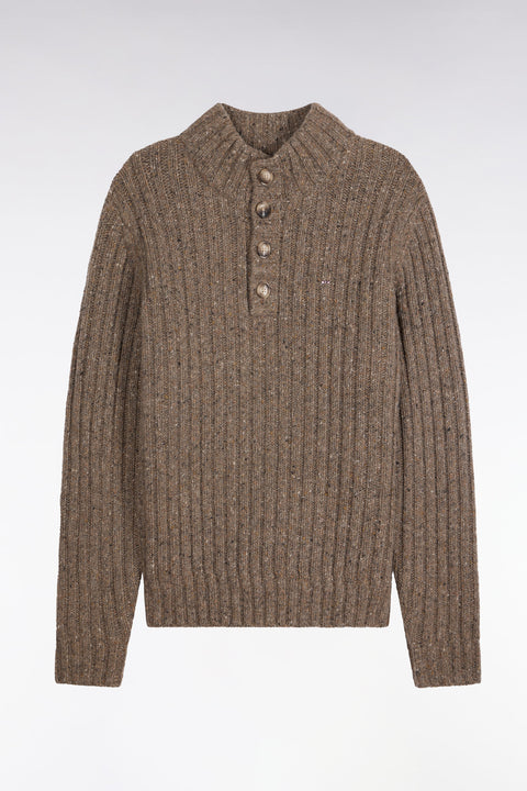 Khaki heather ribbed thick knit buttoned high-neck sweater - Image 2