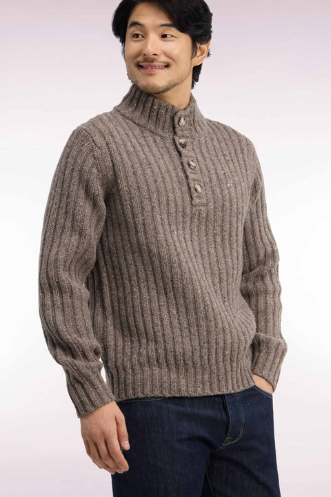 Khaki heather ribbed thick knit buttoned high-neck sweater - Image 1