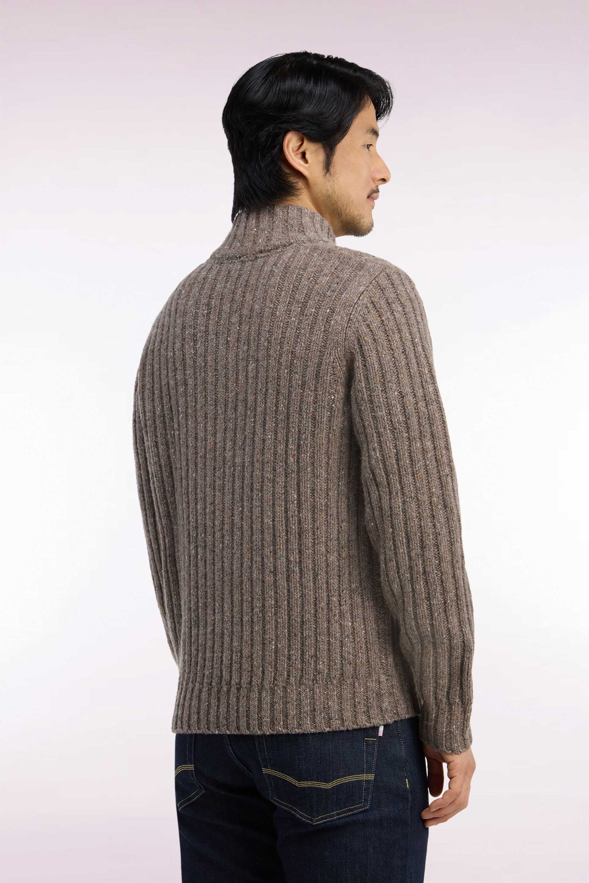 Khaki heather ribbed thick knit buttoned high-neck sweater