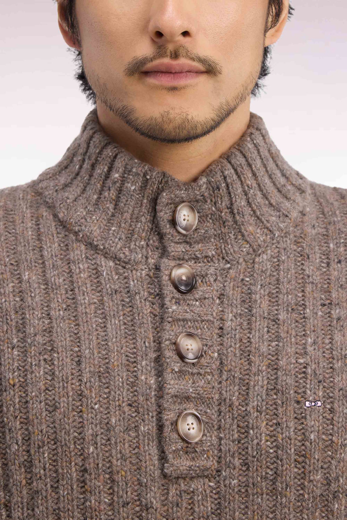 Khaki heather ribbed thick knit buttoned high-neck sweater