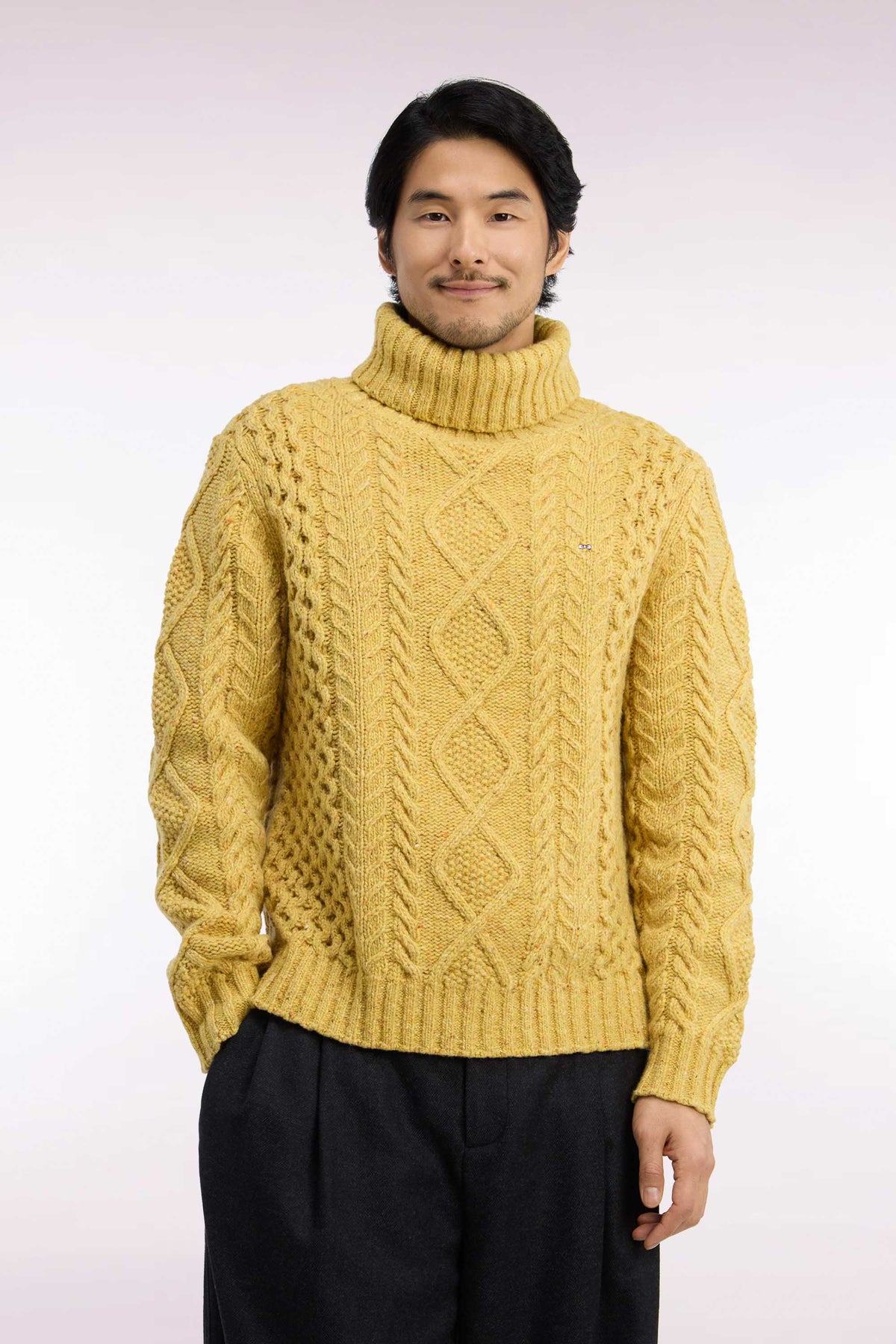 Yellow Cable Knit Straight Fit Turtleneck Sweater
