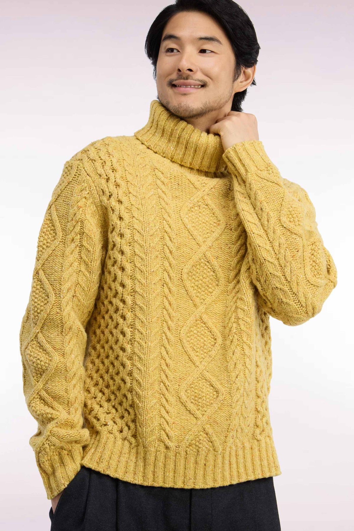 Yellow Cable Knit Straight Fit Turtleneck Sweater
