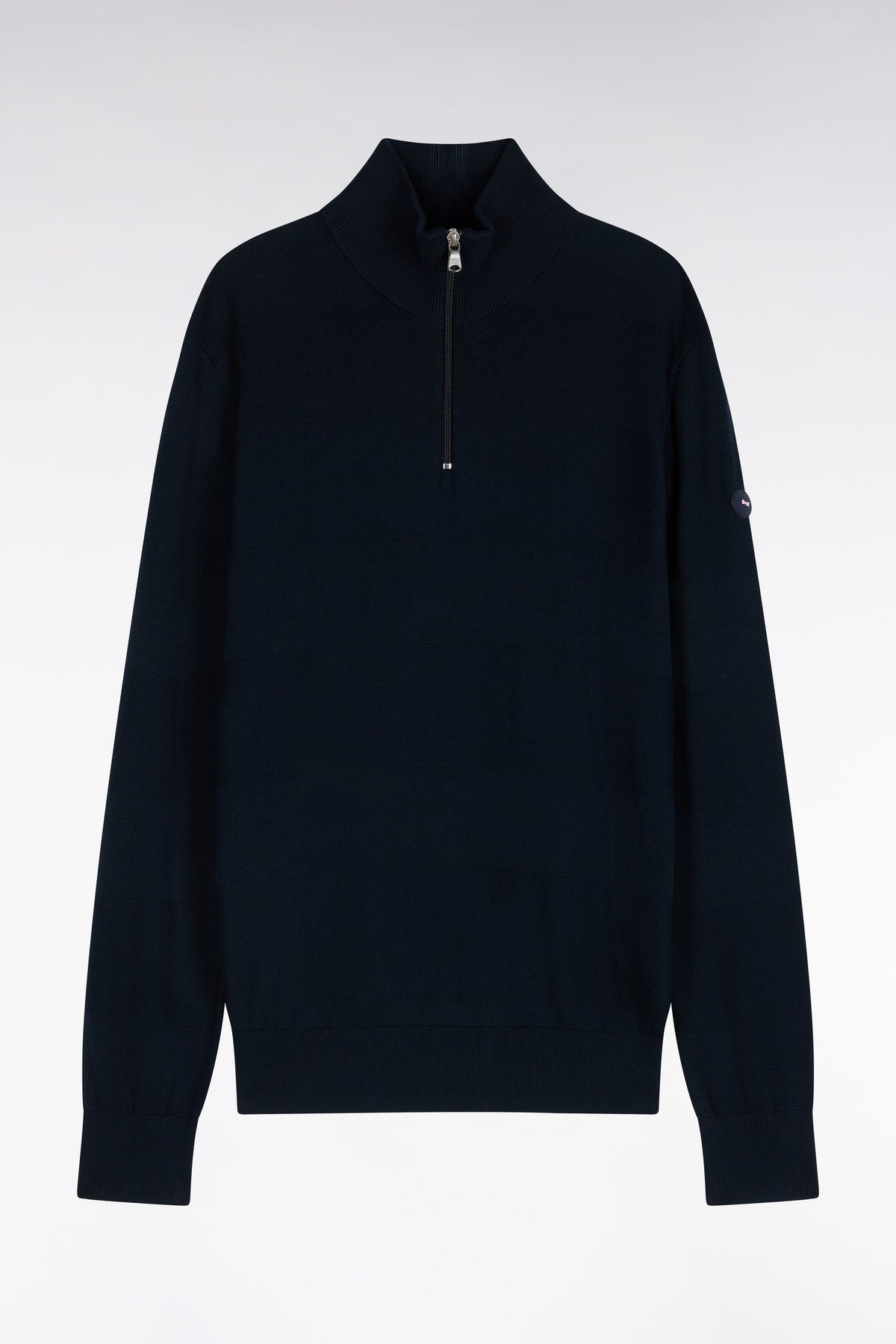 Pull golf à col montant zippé en coton et viscose marine coupe droite