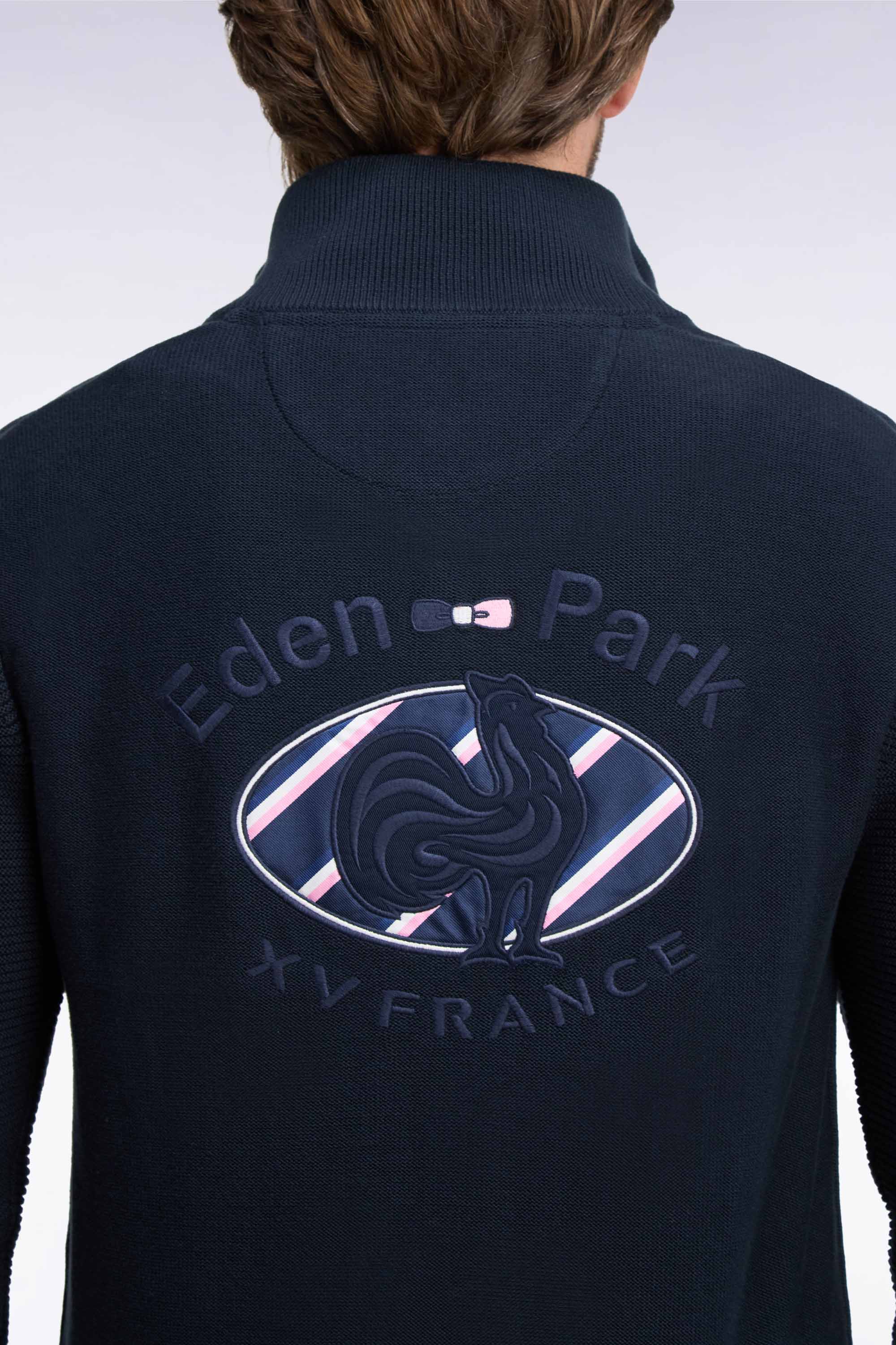 Pull à col montant zippé en coton marine broderie XV de France coupe regular