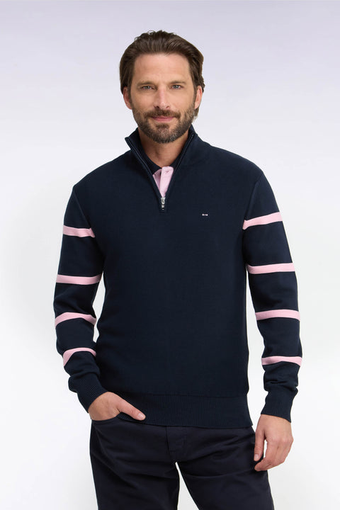 Pull à col montant zippé en coton marine à rayures de manches roses coupe regular - Image 3