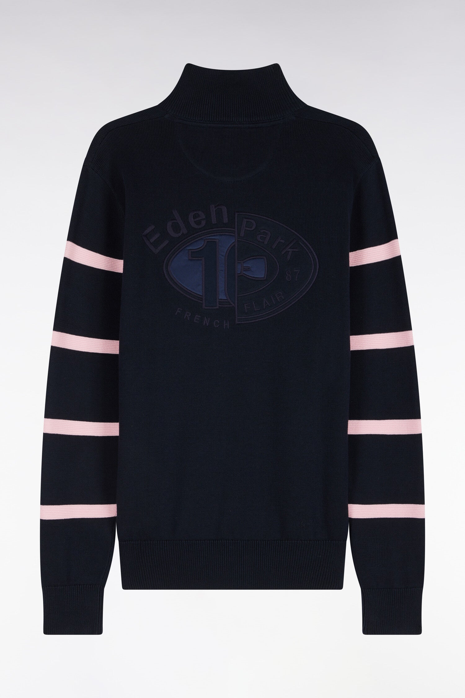 Pull à col montant zippé en coton marine à rayures de manches roses coupe regular