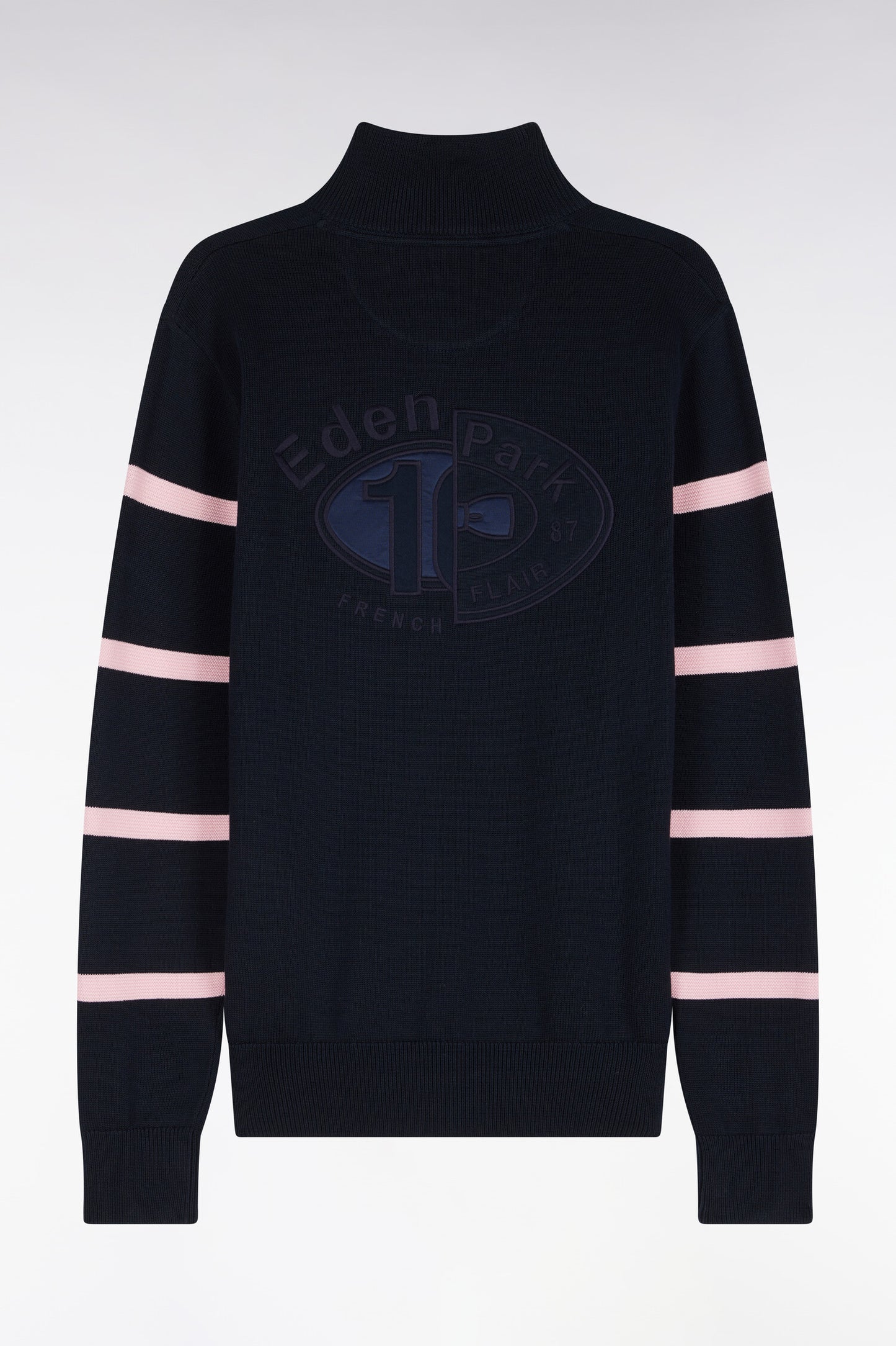 Pull à col montant zippé en coton marine à rayures de manches roses coupe regular