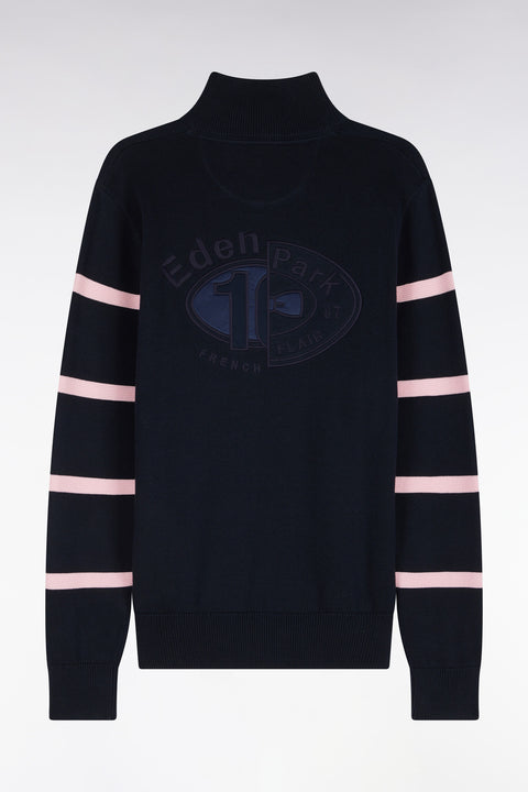 Pull à col montant zippé en coton marine à rayures de manches roses coupe regular - Image 2