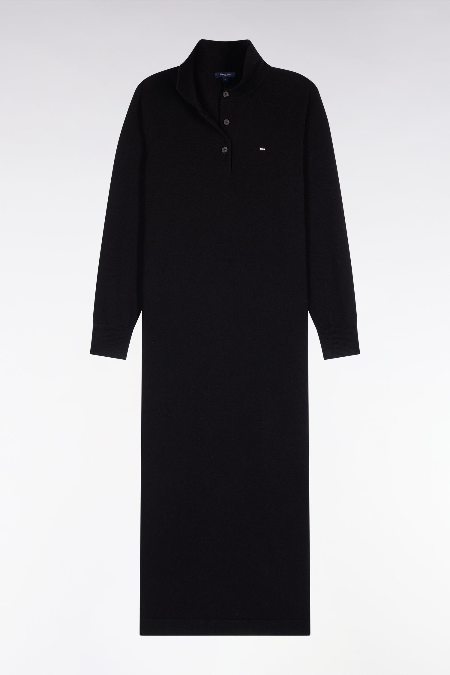 Robe midi à col polo en laine vierge et cachemire noire coupe droite
