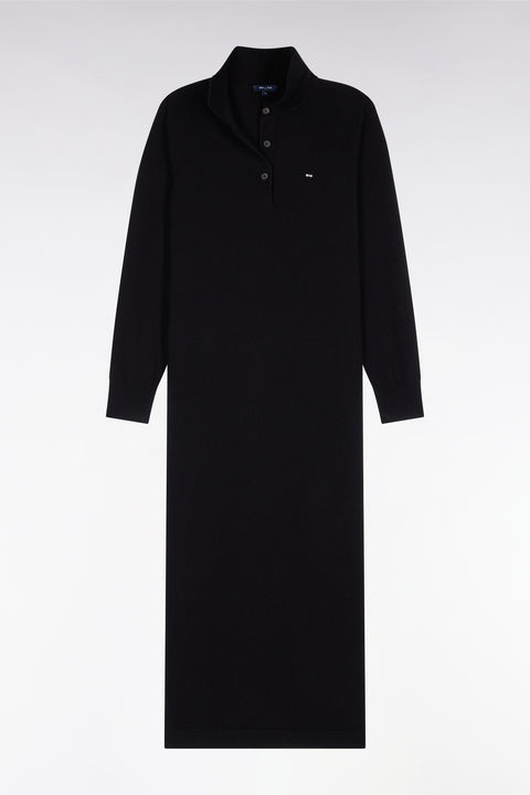 Robe midi à col polo en laine vierge et cachemire noire coupe droite - Image 2