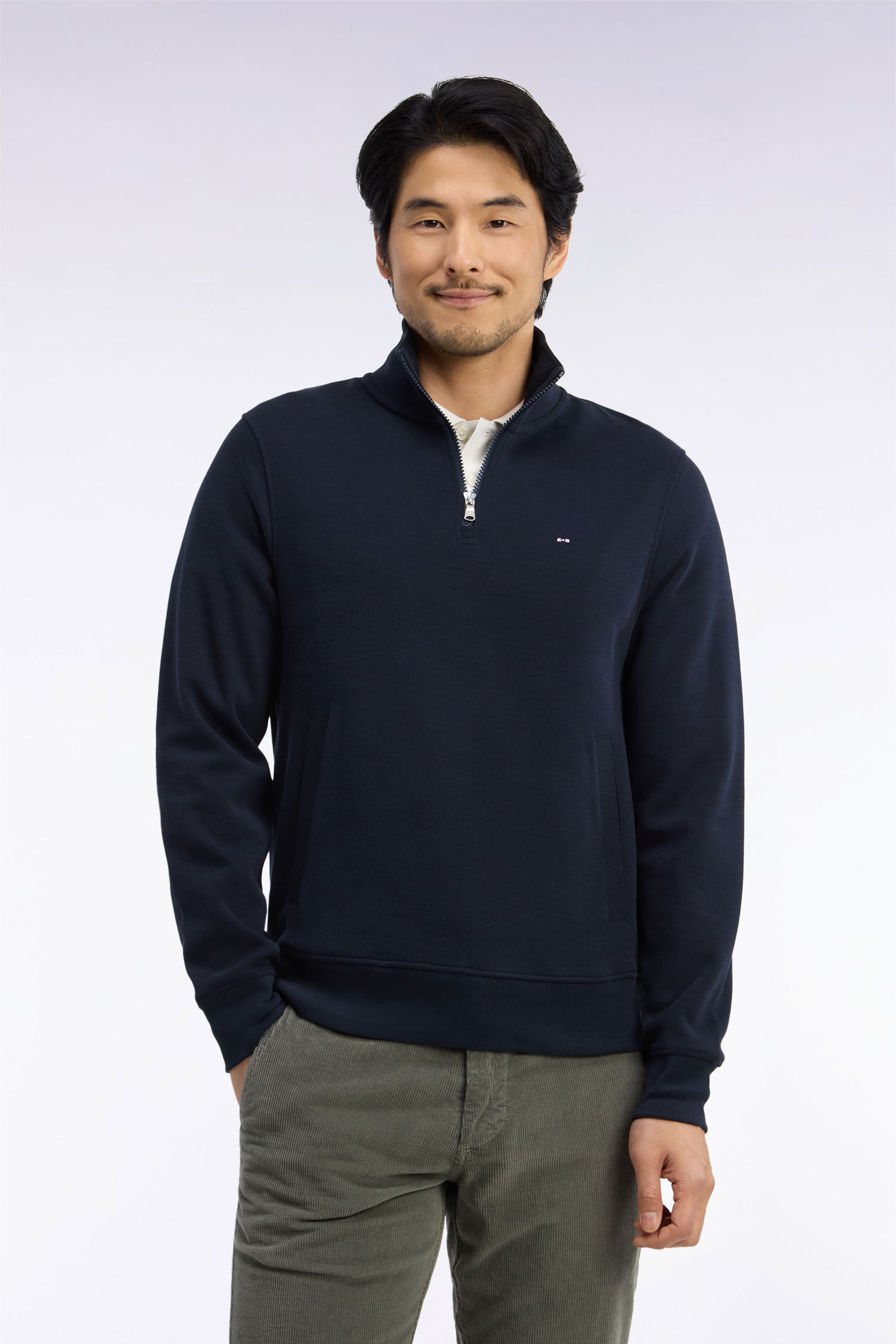 Sweatshirt col camionneur en molleton coton marine coupe droite