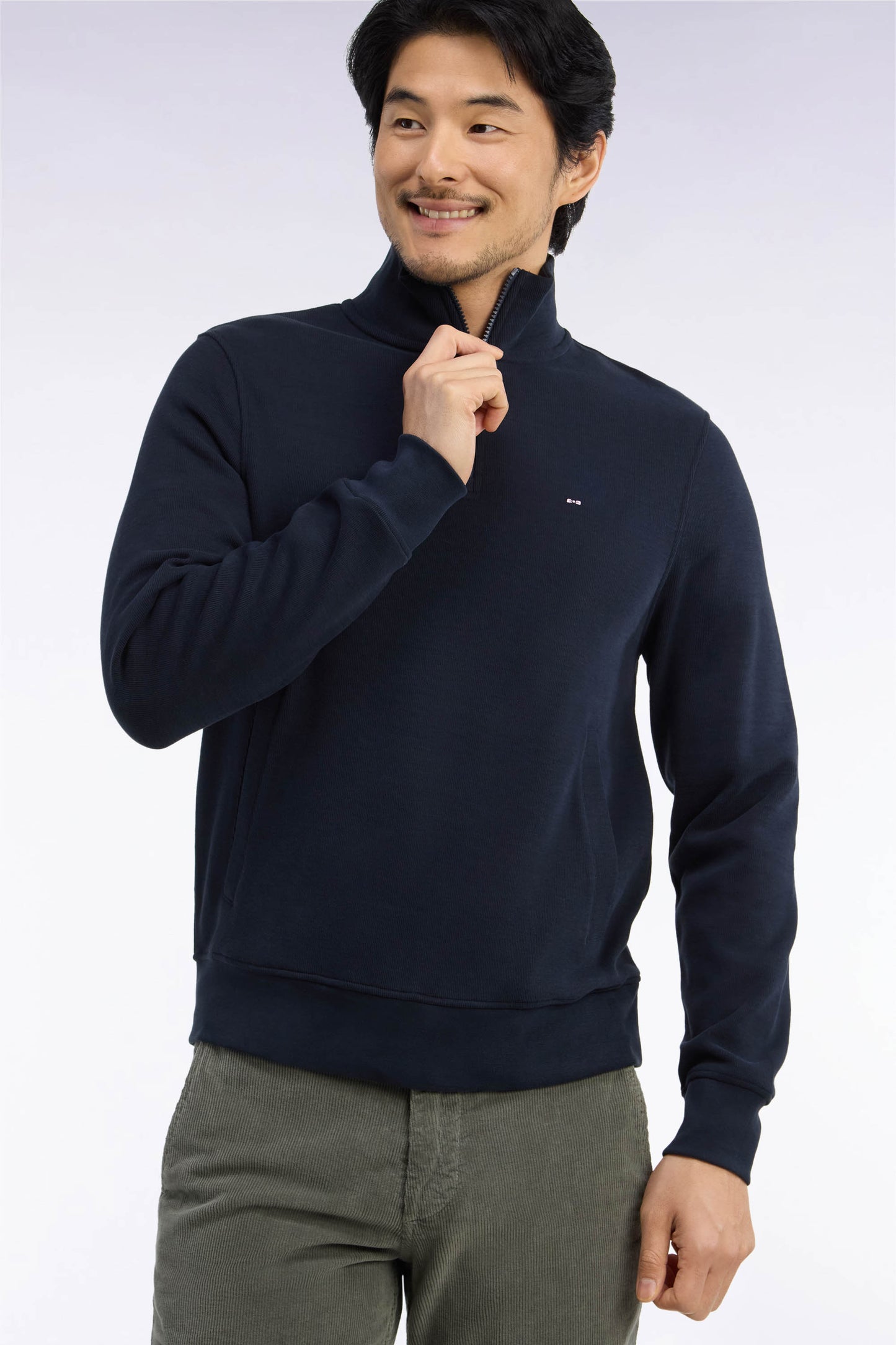 Sweatshirt col camionneur en molleton coton marine coupe droite